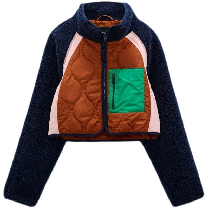 Damen nan kurz geschnittene gesteppte Fleecejacke mit Stehkragen, Raglanärmeln und Reißverschlusstasche R&B