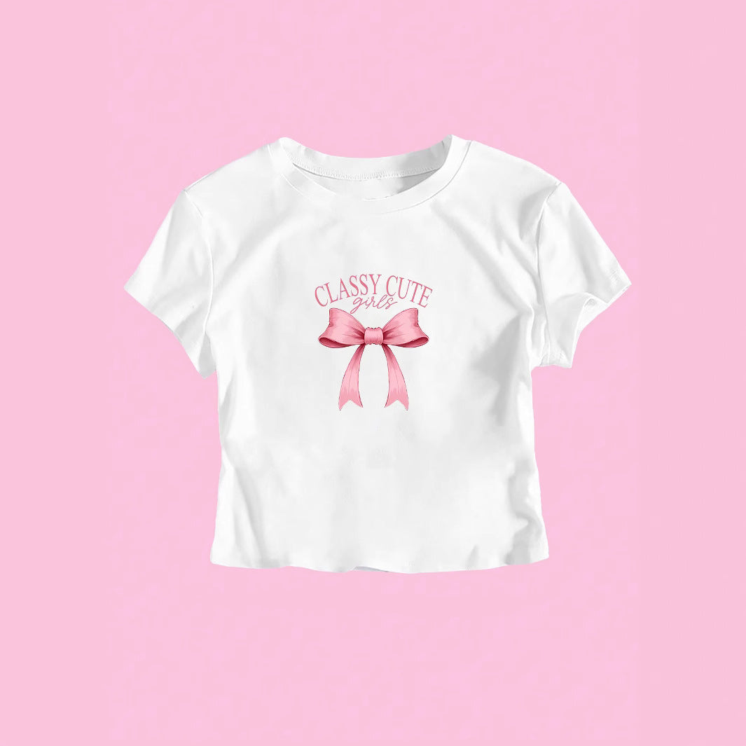 Damen Crop-T-Shirt mit raffiniertem Schleifenaufdruck R&B