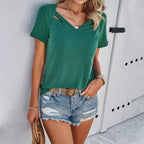Damen V-Ausschnitt T-Shirt mit dekorativen Cut-Outs und lässigem Schnitt R&B