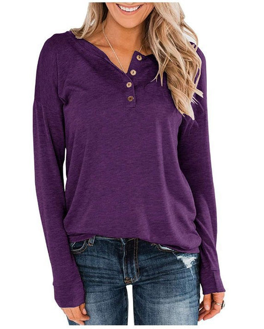 Damen modisches Langarm-Henley-Shirt mit Knopfleiste R&B