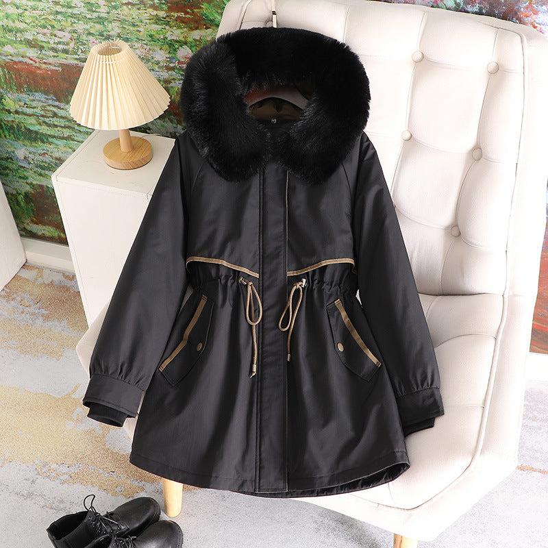 Damen modische Übergangsjacke mit abnehmbarem Kunstfellkragen und Taillenzug R&B