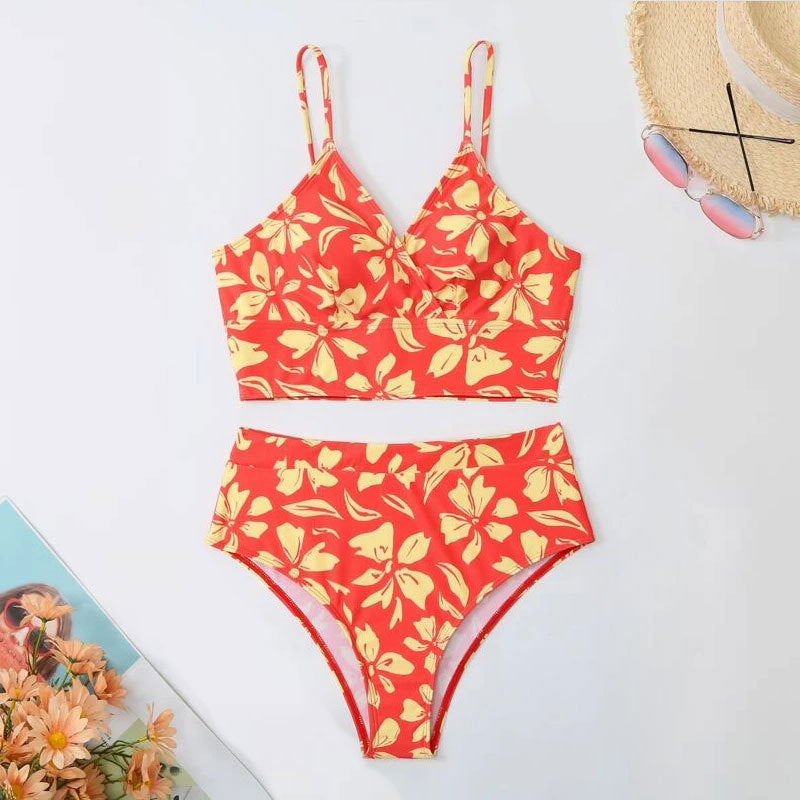 Damen Zweiteiliges Bikini-Set mit blütenförmigem Crop-Top und hoch tailliertem Höschen R&B