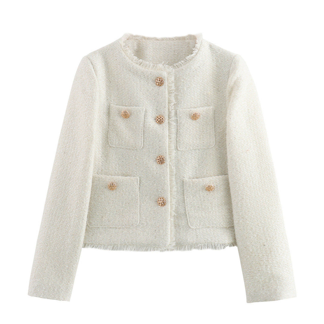 Damen elegante Tweed-Jacke mit Fransen und dekorativen Knöpfen R&B