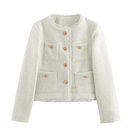 Damen elegante Tweed-Jacke mit Fransen und dekorativen Knöpfen R&B