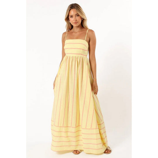 Damen Maxikleid mit feinen Streifen und elastischem Taillenbund R&B