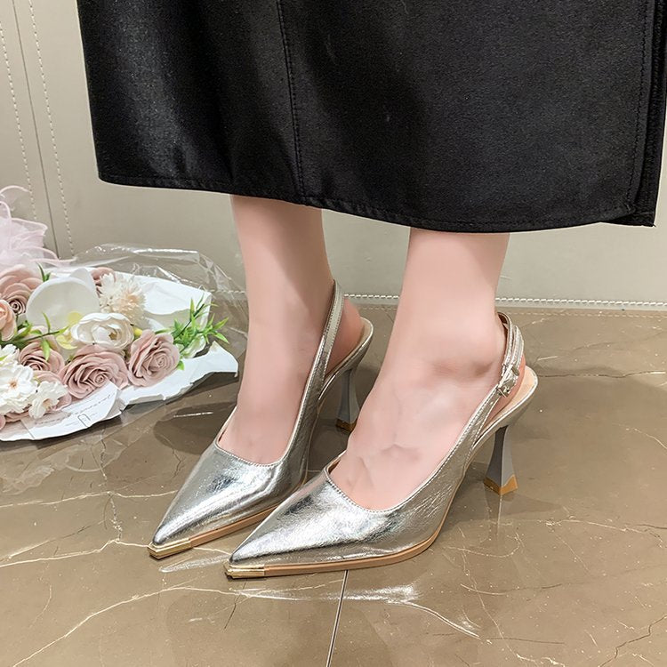 Damen elegante Slingback-Pumps mit spitzer Kappe und glänzender Oberfläche R&B