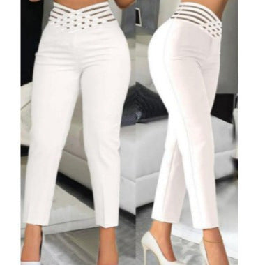 Damen stylische High-Waist Hosen mit transparentem Gitterbund R&B
