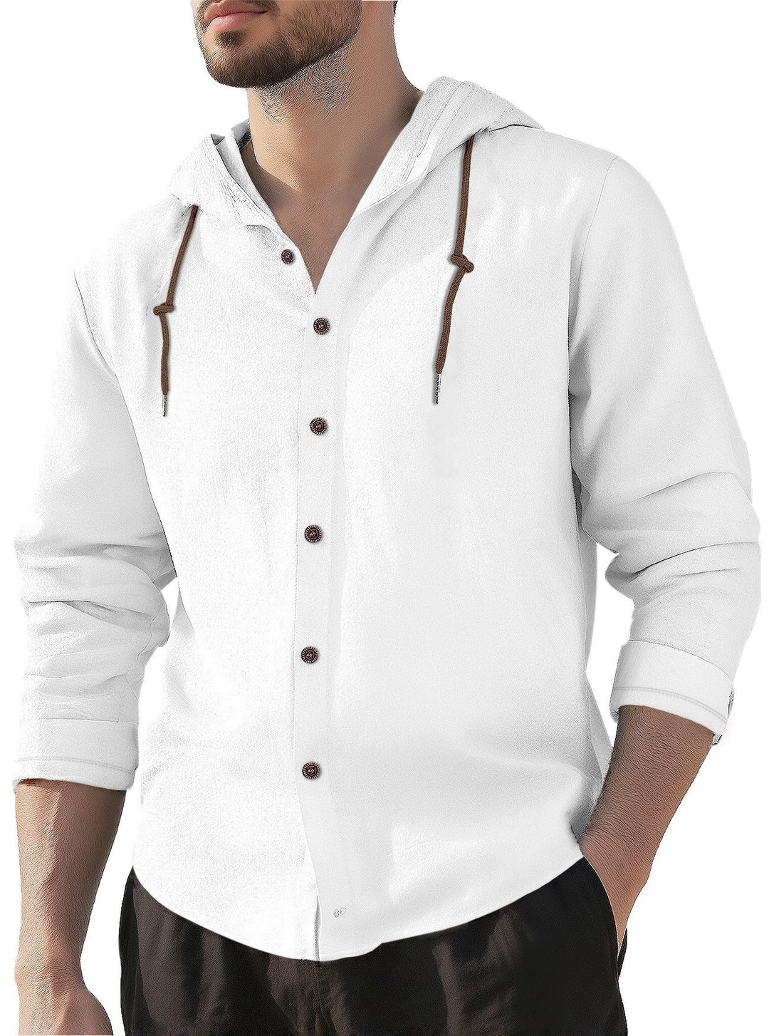 Herren nan Kapuzenhemd im Leinen-Look mit durchgehender Knopfleiste und Kordelzug R&B