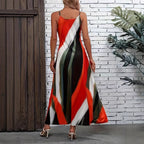 Damen Maxikleid im modernen Grafikdesign mit schmalen Trägern und fließendem Schnitt R&B