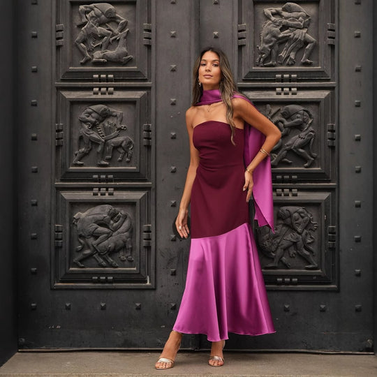Damen Abendkleid mit asymmetrischem Schnitt und elegantem Überwurf R&B