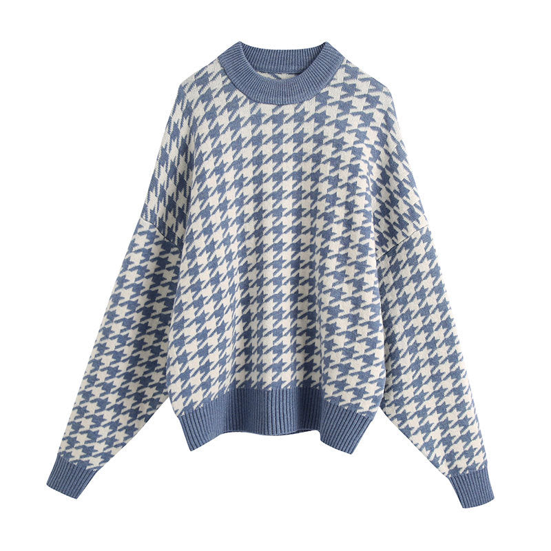 Damen Grob gestrickter Pullover mit modischem Hahnentrittmuster