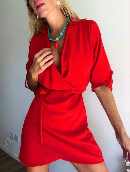 Damen Wickelkleid mit tiefem V-Ausschnitt und Taillengürtel R&B
