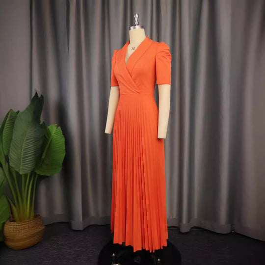Damen elegantes Wickelkleid mit plissiertem Rock und Puffärmeln R&B