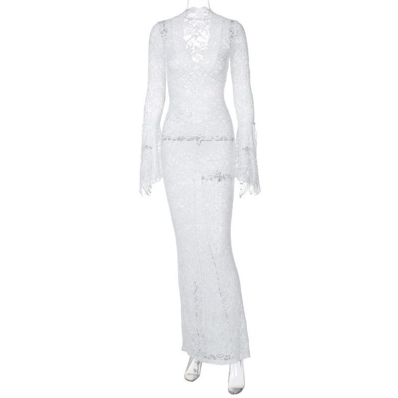 Damen Figurbetontes Spitzenkleid mit tiefem V-Ausschnitt und nostalgischen Puffärmeln R&B