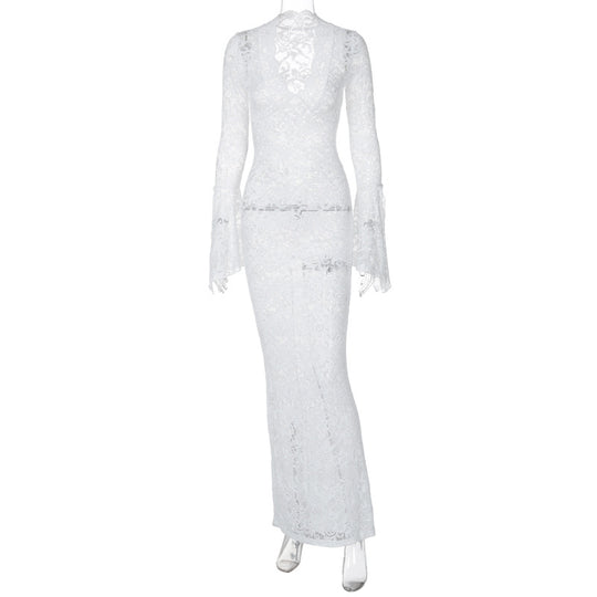 Damen Figurbetontes Spitzenkleid mit tiefem V-Ausschnitt und nostalgischen Puffärmeln R&B