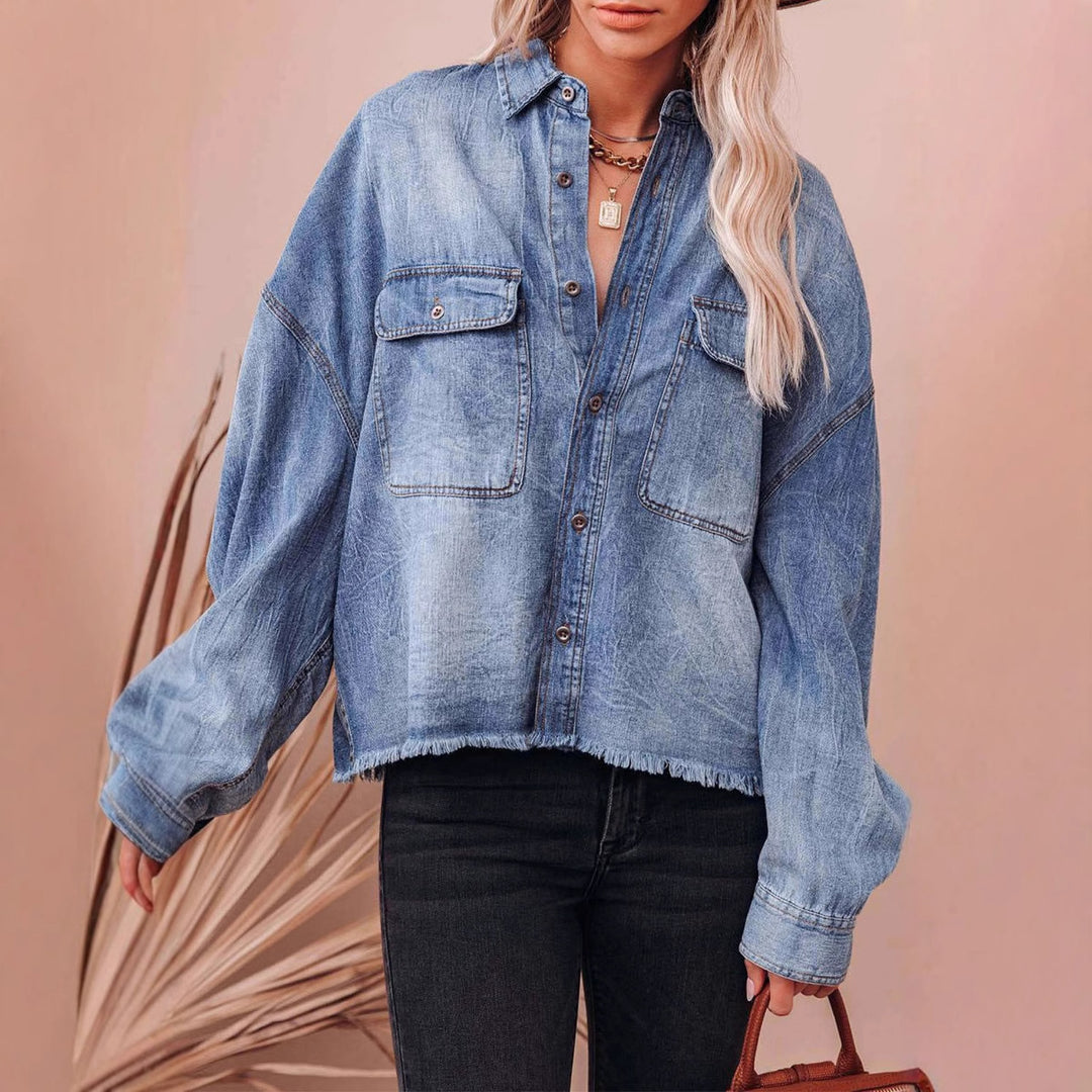 Damen Lässige Denim-Hemdjacke mit fransigen Bündchen und praktischen Taschen R&B