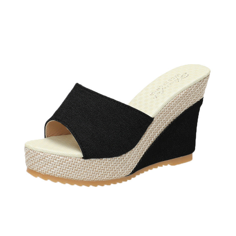 Damen Wedge-Pantoletten mit modischem Denim-Obermaterial und bequemer Fußbett R&B