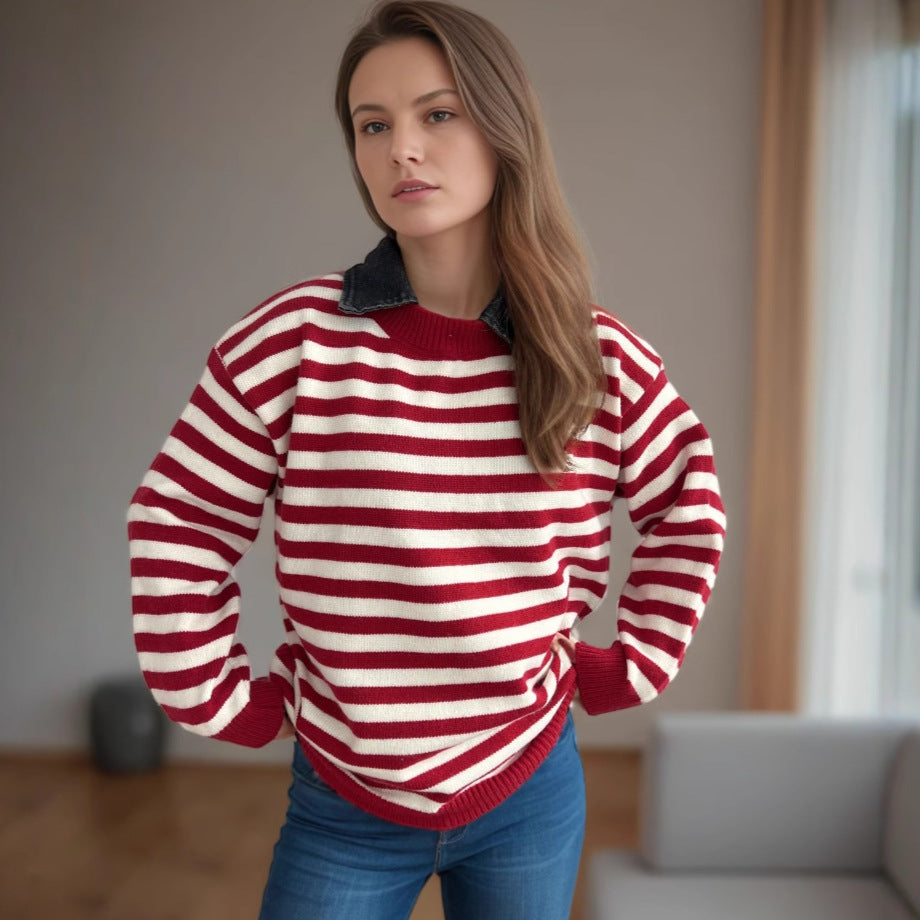 Damen lässiger Pullover mit strukturellem Streifenmuster und modischem Kragen R&B