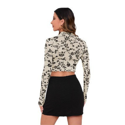 Damen Crop-Top mit floralem Rüschendesign und langen Ärmeln R&B