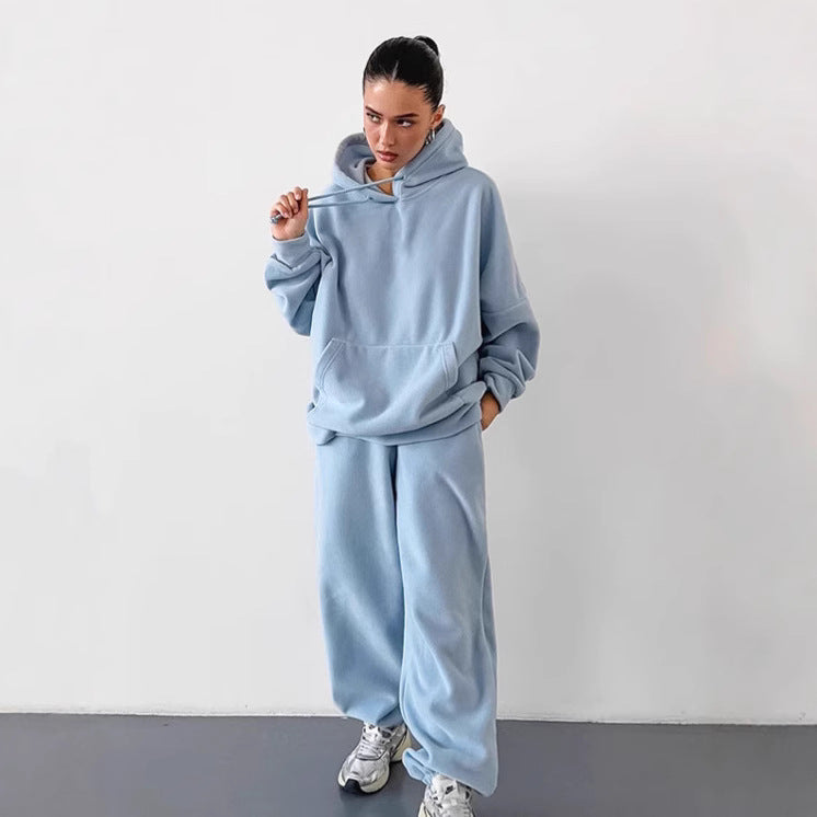 Damen Fleece Lounge-Set mit weiten Beinen und Kapuze R&B