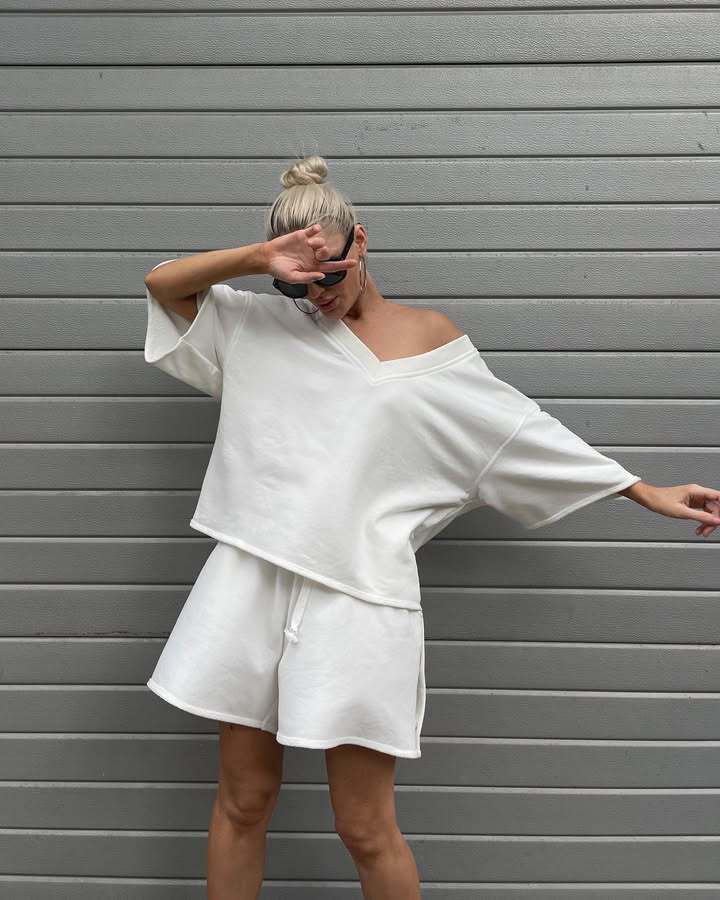 Damen lässiges Lounge-Set mit oversized Oberteil und Shorts R&B