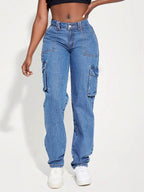 Damen Vintage Cargo Jeans mit elastischem Bund und seitlichen Taschen R&B