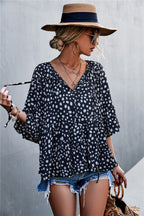 Damen lässige Bluse mit voluminösen Ärmel und modischem Punktmuster R&B