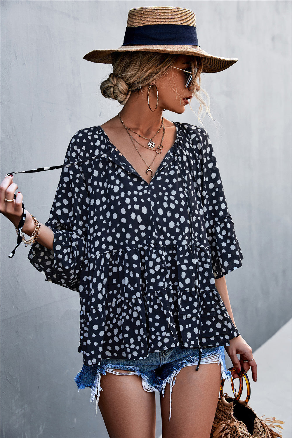 Damen lässige Bluse mit voluminösen Ärmel und modischem Punktmuster R&B