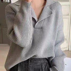 Damen lässiger Feinstrickpullover mit weichem Kragen und Rippstruktur