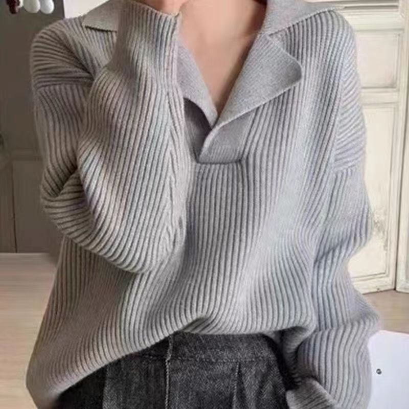 Damen lässiger Feinstrickpullover mit weichem Kragen und Rippstruktur