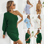 Damen Strickminikleid mit asymmetrischem Ausschnitt und raffiniertem Schnitt R&B