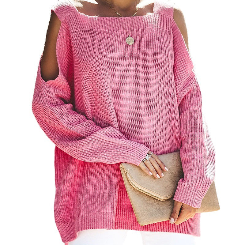 Damen lässiger Strickpullover mit offenen Schultern und großzügigem Schnitt R&B