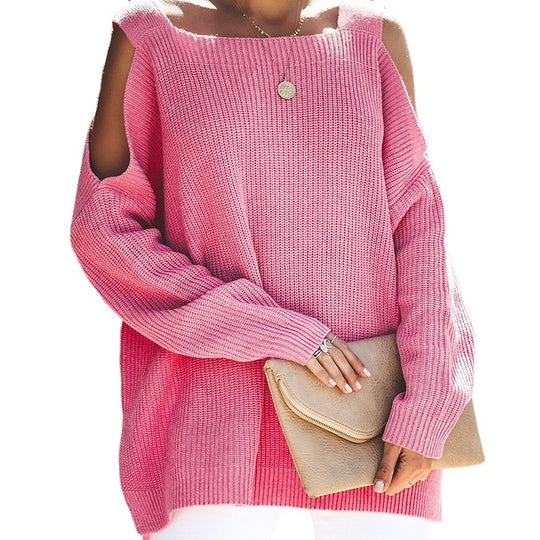 Damen lässiger Strickpullover mit offenen Schultern und großzügigem Schnitt R&B