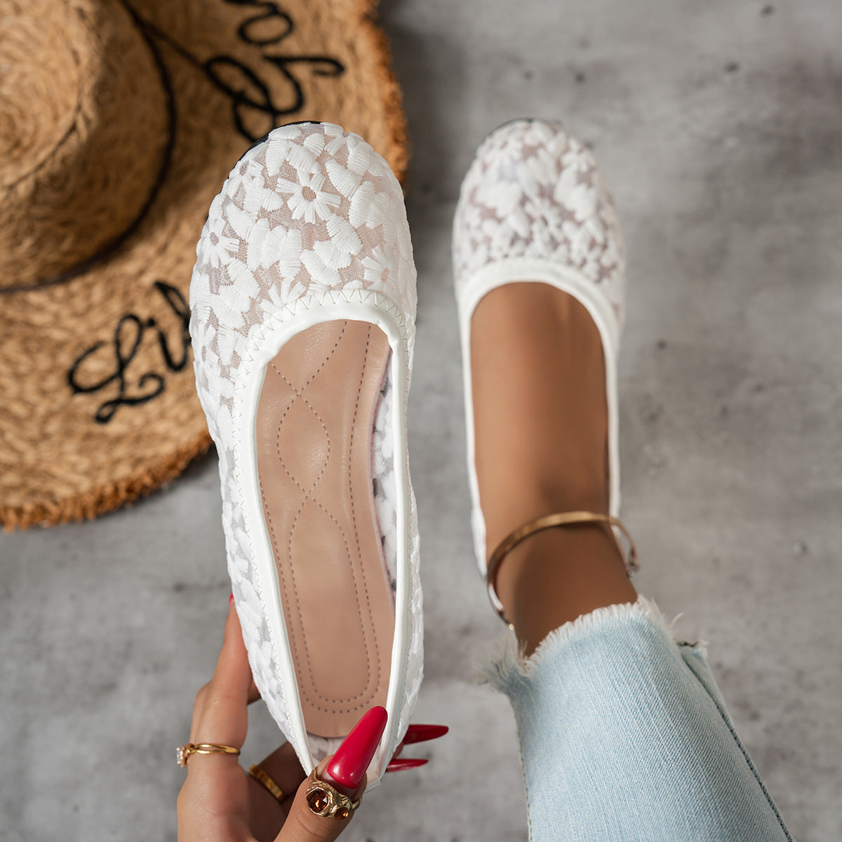 Damen Ballerinas mit zartem Häkelmuster und bequemem Fußbett R&B