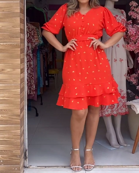 Damen nan knielanges Volantkleid mit Taillengürtel, V-Ausschnitt und gerafften Puffärmeln R&B
