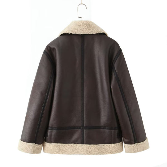 Damen Kunstlederjacke mit warmem Sherpa-Futter und praktischen Reißverschlusstaschen R&B