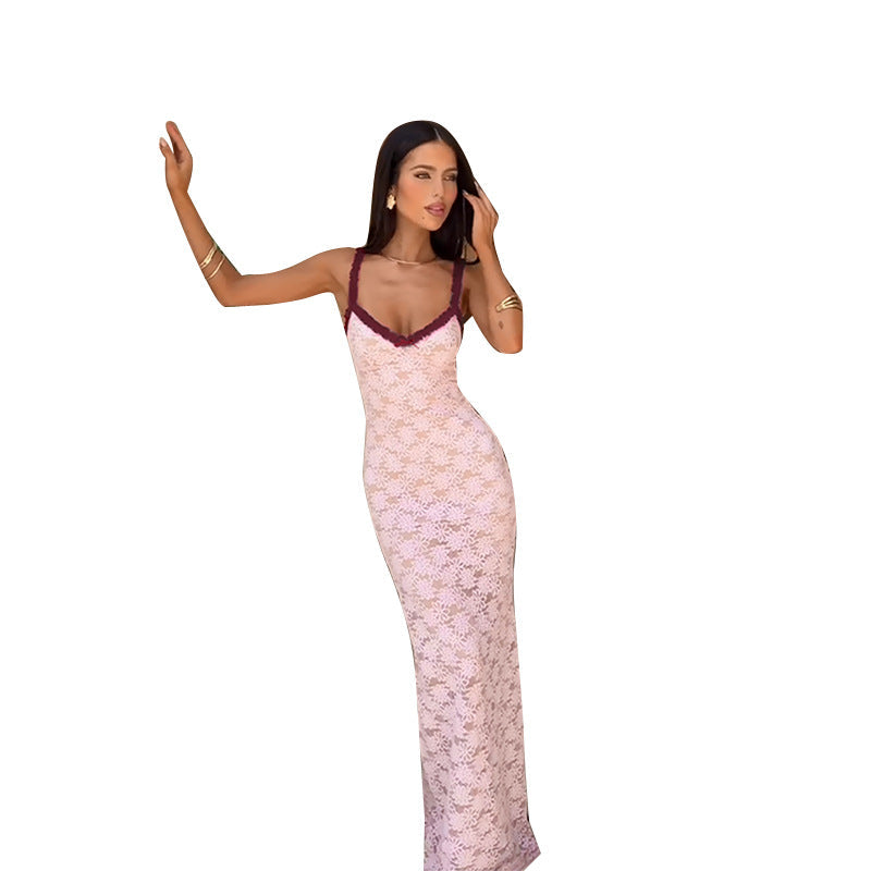 Damen Elegantes Spitzenmaxikleid mit feinem Trägerdesign