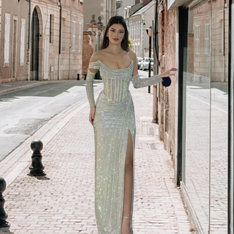 Damen Elegantes Abendkleid mit schimmerndem Schmuckdetail und drapiertem Rock R&B