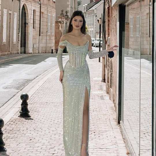 Damen Elegantes Abendkleid mit schimmerndem Schmuckdetail und drapiertem Rock R&B