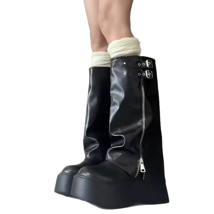 Damen Overknee Stiefel mit verstellbaren Riemen und modischem Reißverschluss R&B