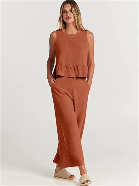 Damen Zweiteiler-Set mit schickem Peplum-Oberteil und weit geschnittenen Hosen R&B