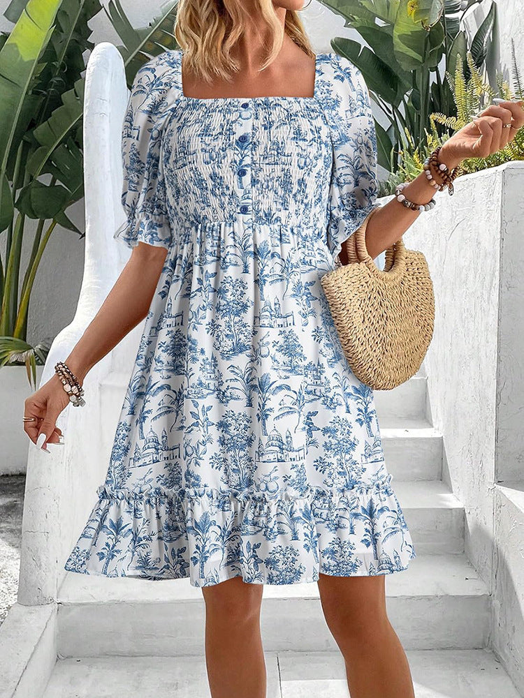 Damen romantisches Sommerkleid mit Puffärmeln und Rüschen R&B