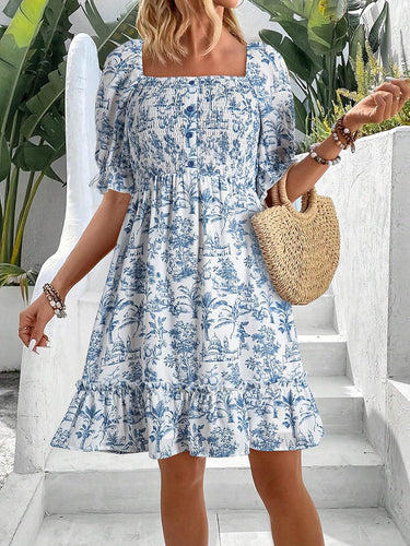 Damen romantisches Sommerkleid mit Puffärmeln und Rüschen R&B