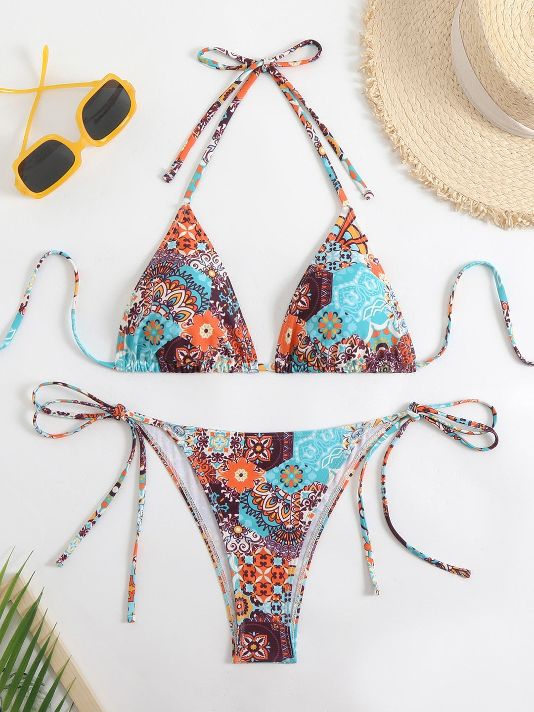 Damen Triangel-Bikini-Set mit verspieltem Blumenmuster und feinen Bindebändern R&B