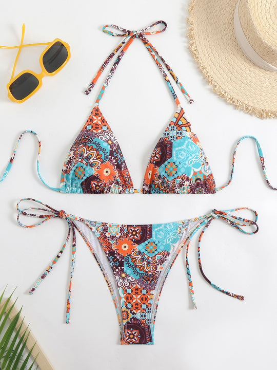 Damen Triangel-Bikini-Set mit verspieltem Blumenmuster und feinen Bindebändern R&B