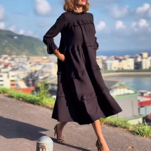 Damen nan kastiges Stufenmidikleid mit Rüschenkragen, gerafften Manschetten und verdeckten Seitentaschen R&B