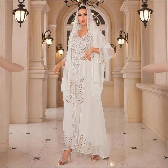 Damen Elegantes maximal langes Kleid mit feinen sticktechnischen Details und umhüllendem Schal R&B