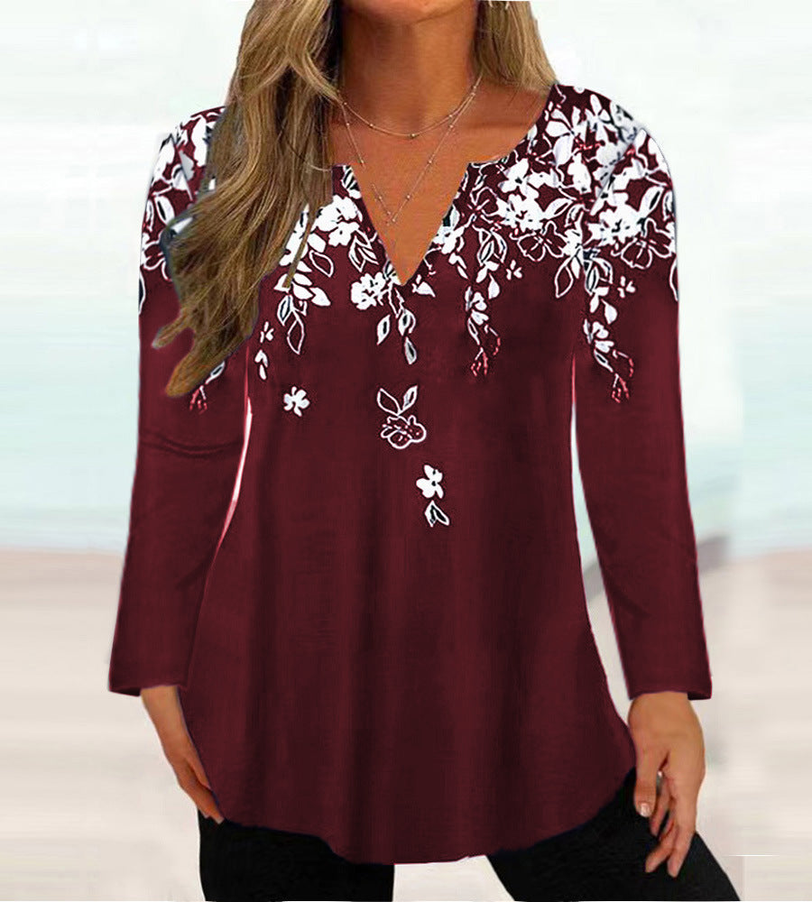 Damen Elegante Bluse mit floralem Design und V-Ausschnitt R&B