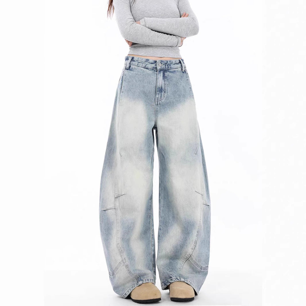 Damen Oversized Denim-Jeans mit weitem Beinschnitt und einzigartigem Waschungseffekt R&B