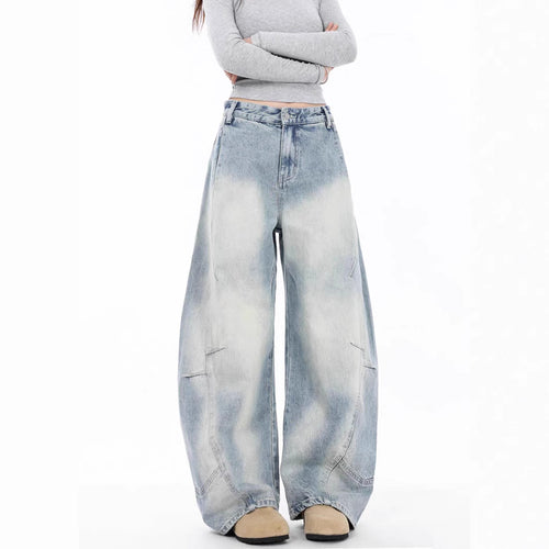 Damen Oversized Denim-Jeans mit weitem Beinschnitt und einzigartigem Waschungseffekt R&B